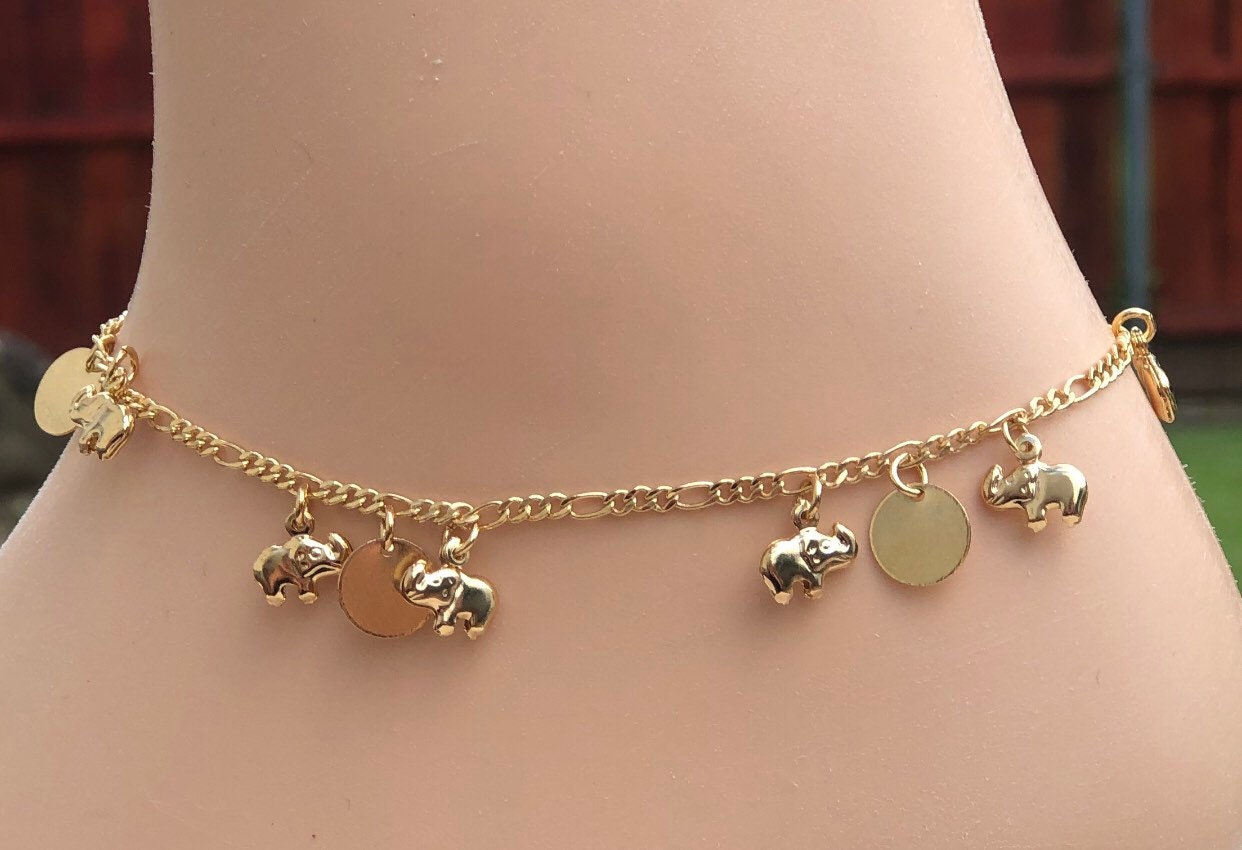 Elephant Anklet, Dangling Elephants/Disk Anklet