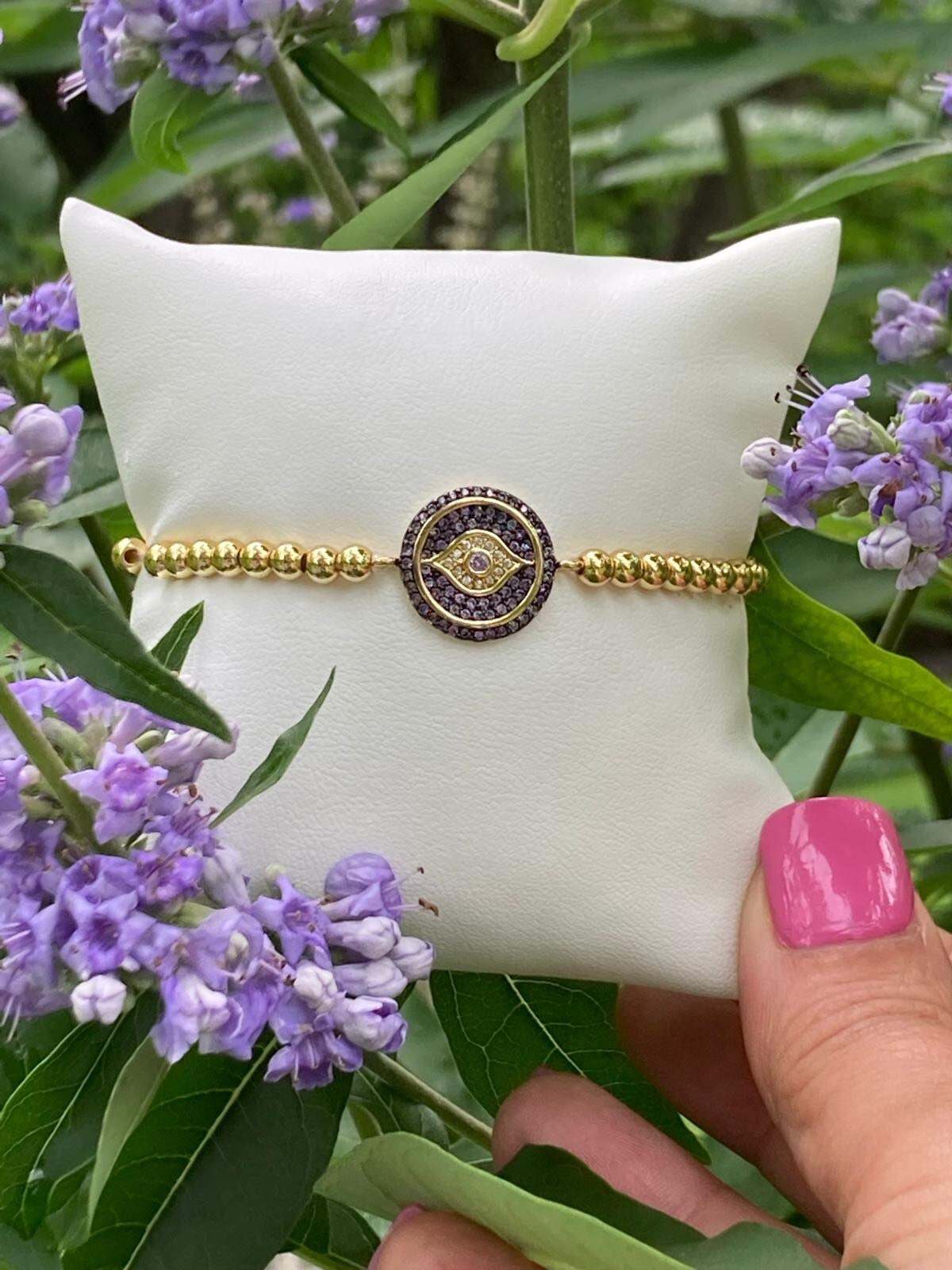Evil Eye Bracelet, Gold Beaded