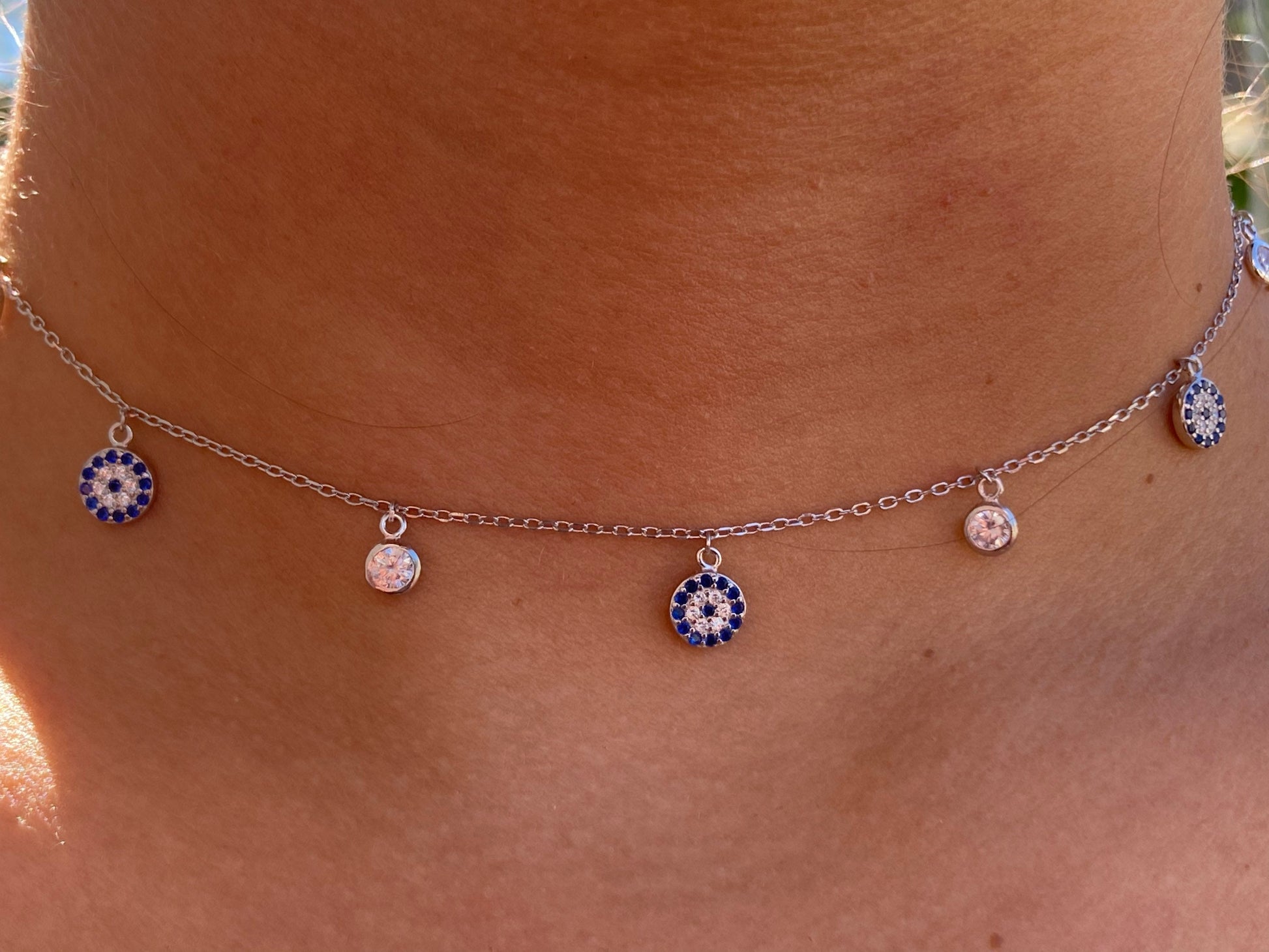 Evil Eye Choker Necklace, Sterling Silver