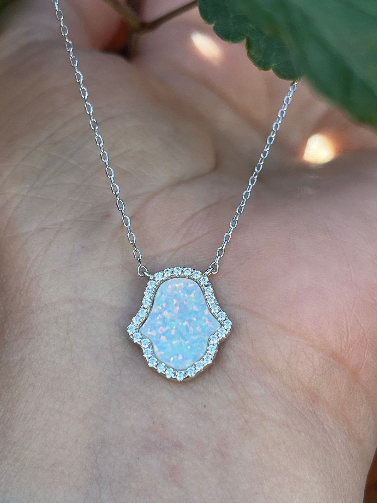 Opal Hamsa Charm Necklace