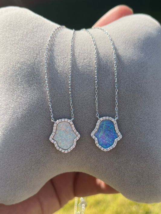 Opal Hamsa Charm Necklace