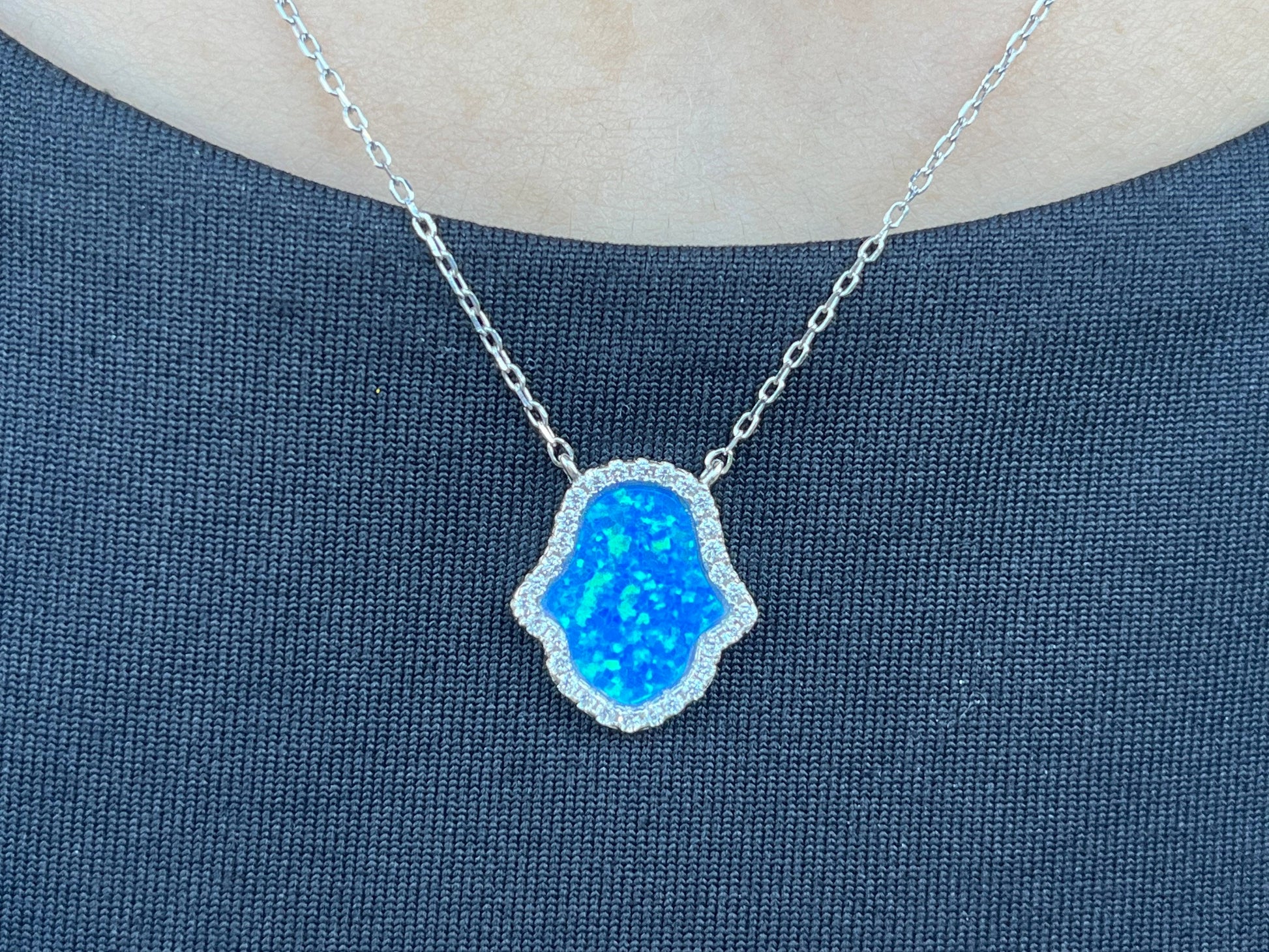 Opal Hamsa Charm Necklace